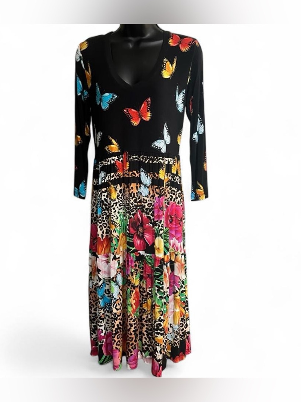 Johnny Was Black Midi Dress with Butterfly & Leopard Print Oversized X-Small